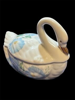 Porcelain Swan Covered Dish with Blue Floral Motif